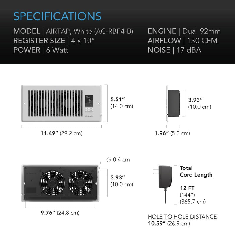 AC Infinity AIRTAP T4 Quiet Register Booster Fan White 4” x 10” - Indoor Farmer