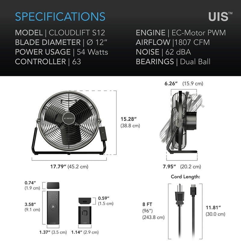 AC Infinity CLOUDLIFT S12 Floor Wall Fan with Wireless Controller (12 INCH) - Indoor Farmer